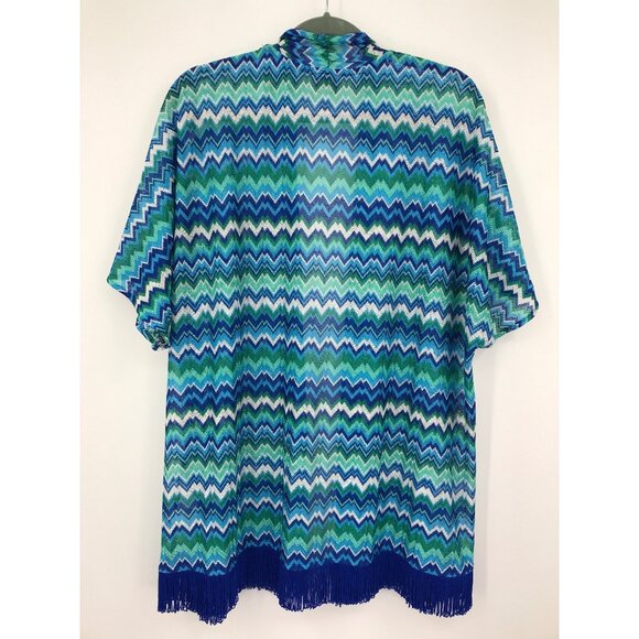 Susan Graver Cardigan Fringe Wrap Chevron Print Blue Green Small - Picture 6 of 6